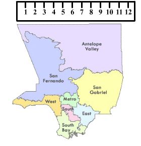 map of Los Angeles and ruler.  Antelope Valley is about 11 inches on map.