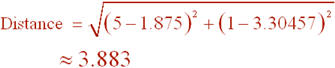 Distance = root[(5-1.875)^2 + (1-3.30457)^2] = 3.883