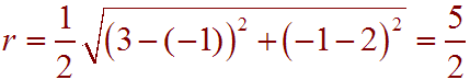 r=1/2 root[(3-(-1))^2+(-1-2)^2]=5/2