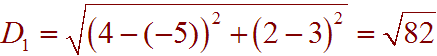 root( (4-(-5))^2 +(2-3)^2 ) = root(82)