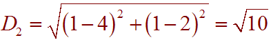 D3 = root( (1-4)^2+(1-2)^2 ) = root(10)