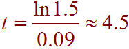 t = ln(1.5) / 0.09  =  4.5