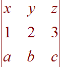 matrix:  [ x y z, 1 2 3, a b c ]