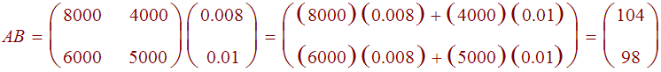 AB=Matrix[(8000)(0.008)+(4000)(0.01),(6000)(0.008)+(5000)(0.01)]=Matrix[104,98]