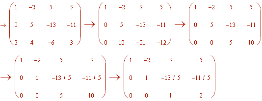 Row Operations that lead to the matrix:  1 -2 5 5, 0 1 -13/5 -11/5, 0 0 1 2