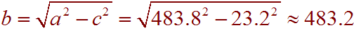 b = root(a^2 - c^2)  =  root(483.8^2 - 23.2^2)  approx = 483.2