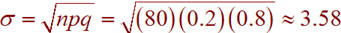 sigma = sqrt(npq) = sqrt[(80)(0.2)(0.8)] is approximately 3.57