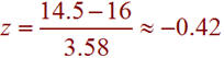 z = (12.5 - 16)/3.58 = -0.42