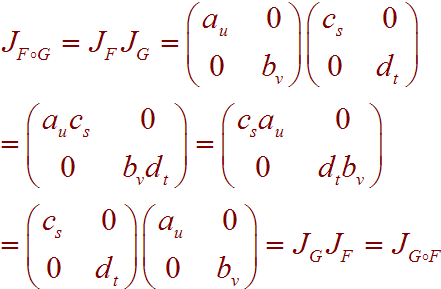 JFoG = JFJG = Matrix[(au,0),(0,bv)]Matrix[(cs,0),(0,dt)]=Matrix[(cs,0),(0,dt)]Matrix[(au,0),(0,bv)]=JGJF = JGoF