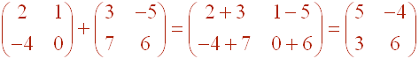 [(2,1),(-4,0)] + [(3,-5),(7,6)] = [(5,-4),(3,6)]