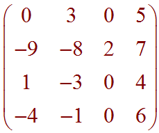 Matrix:  [(0 3 0 5), (-9 -8 2 7), (1 -3 0 4), (-4 -1 0 6)