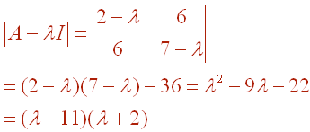 |A-LI| = |[(2-L,6),(6,7-L)|=(2-L)(7-L)=L^2-9L-22=(L-11)(L+2)