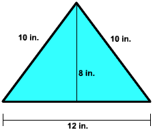 Triangle with base 12 in, other side lengths 10 and 10 in and height 8 in.