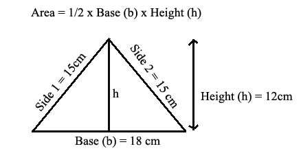 Base 18, Height 12 triangle. Other sides are both 15 cm