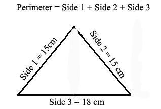 triangle with sides 15, 15, 18.  Perimeter = Side1 + Side 2 + Side 3